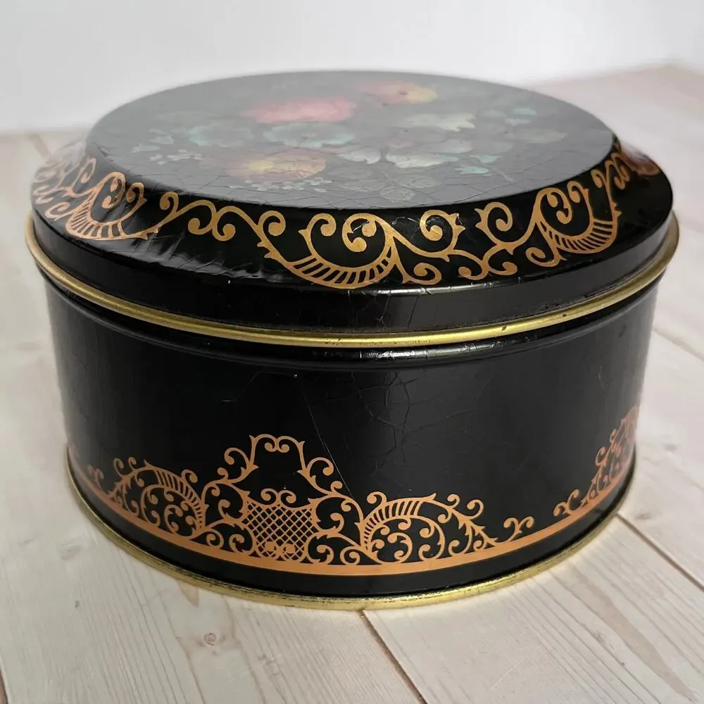 Vintage Lithograph Toleware Tin Faux Crackle Finish Floral Bouquet Gold Scrolls